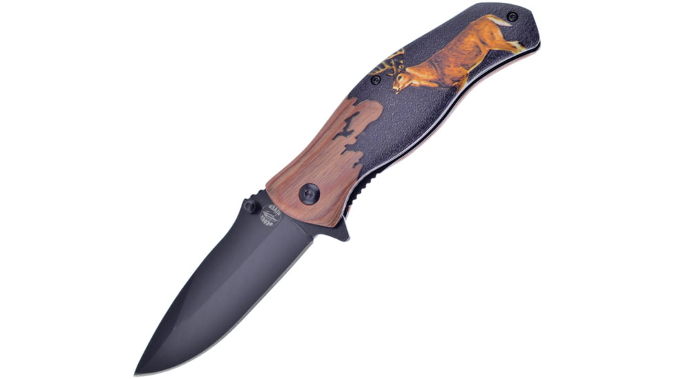 Frost Deer Linerlock A/O Folding Knife, 3.5 black finish stainless blade, Pakkawood handle, OC-04D
