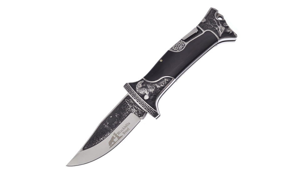 Frost Embossed Black Folding Knife, 5in Closed, 3.75in, Satin Stainless Blade, Black Pakkawood Handle, BKH-104BPW