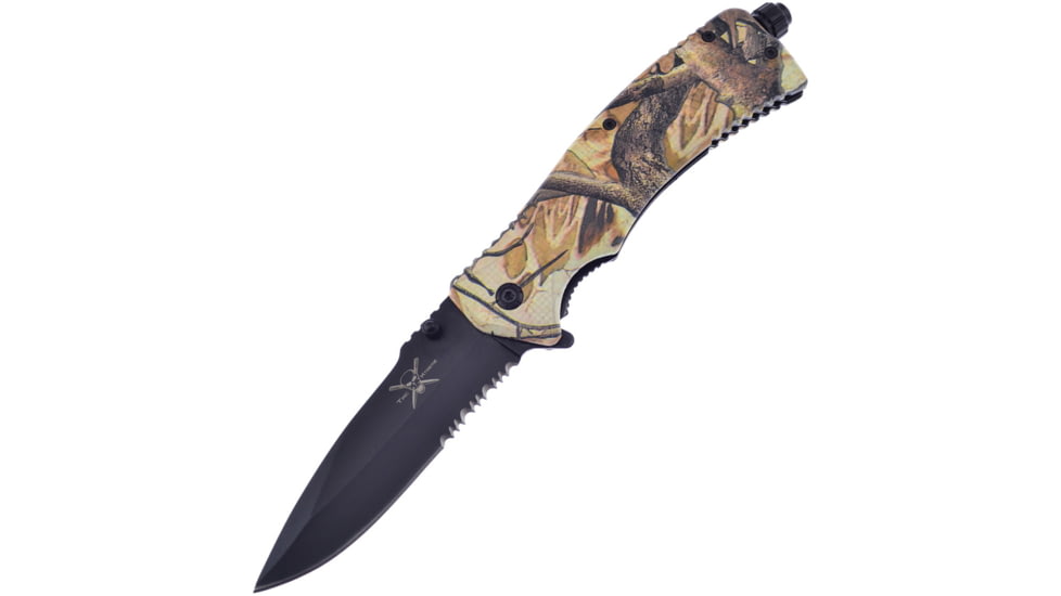 Frost Firestarter A/O Green Camo Folding Knife, 5.25in Closed, 3.75in Black Partially Serrated Stainless Blade, Camo ABS Handle, TX-50CAMO