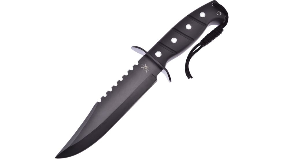 Frost Fixed Blade Black Fixed Blade Knife, 7in, Stainless Steel, Standard Edge, Clip Point, Sawback, Black Rubber Handle FTX1458BLK
