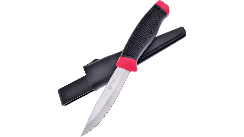 Frost Fixed Blade Knife, 4in, Stainless Steel, Standard Edge, Mirror Polish, Red and Black, Rubber Handle FFC251