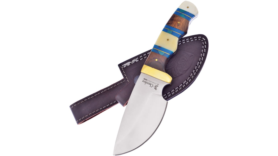 Frost Fixed Blade Knife, Cherokee Stoneworks, 4 satin finish stainless skinner blade, Winewood, white and blue smooth bone handle, CSW-003SB/WW