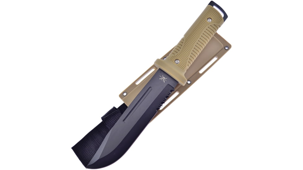 Frost Fixed Blade Knife, Tac Xtreme 12.5in overall, 7 black finish partially serrated stainless clip , Tan textured rubber handle, TX-4663SAND