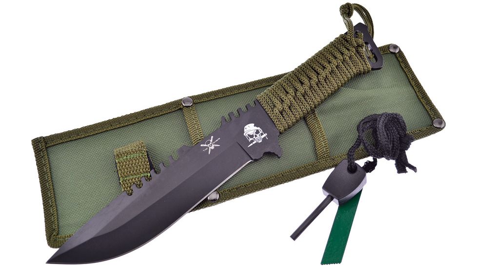 Frost Fixed Blade OD Green Fixed Blade Knife, 6in, Stainless Steel, Standard Edge, Sawback, Black, OD Green, Cord Wrapped Handle FTX3801B