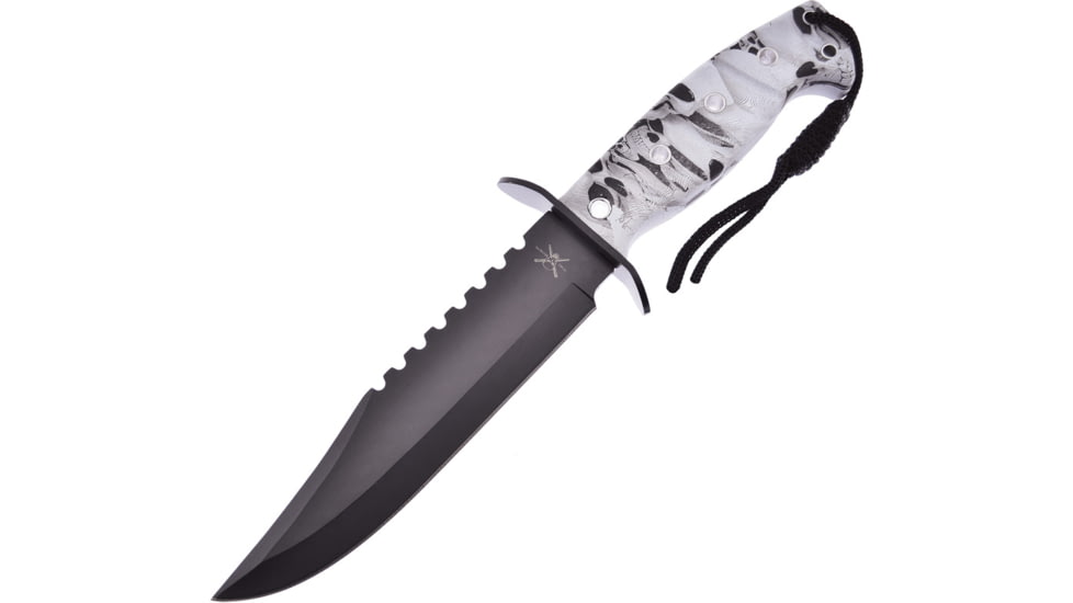 Frost Fixed Blade Skull Camo Fixed Blade Knife, 7in, Stainless Steel, Standard Edge, Sawback, Black FTX1458WSC