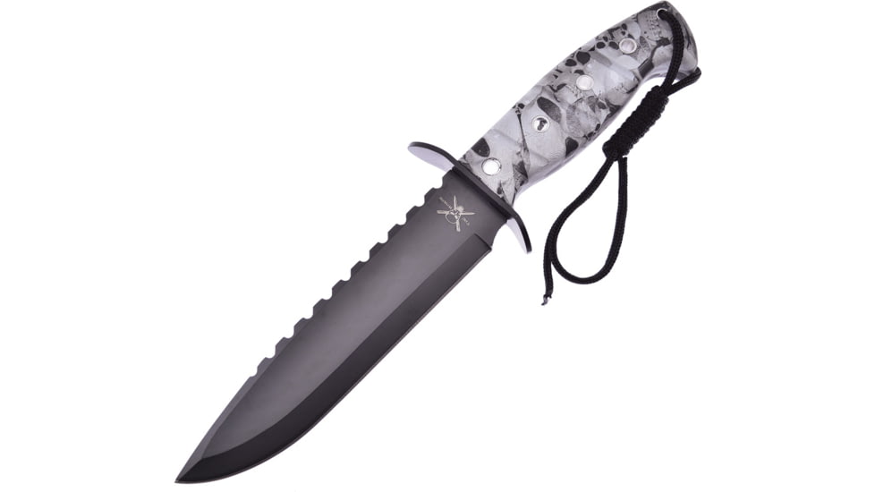 Frost Fixed Blade Skull Camo Fixed Blade Knife, 7in, Stainless Steel, Standard Edge, Sawback Blade, Black FTX1453WSC