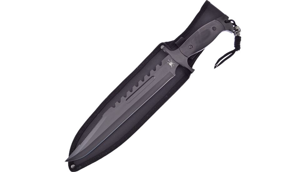 Frost Futura Fighter Bowie Fixed Blade Knife, 10.75in, Stainless Steel, Standard Edge, Sawback, Black Handle FTA086