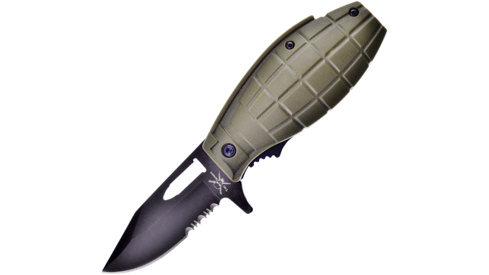 Frost Grenade A/O Green Folding Knife, 3.63in Closed, 2.75in Black Partially Serrated Clip Point Blade, Army Green ABS Handle, TX-173DG