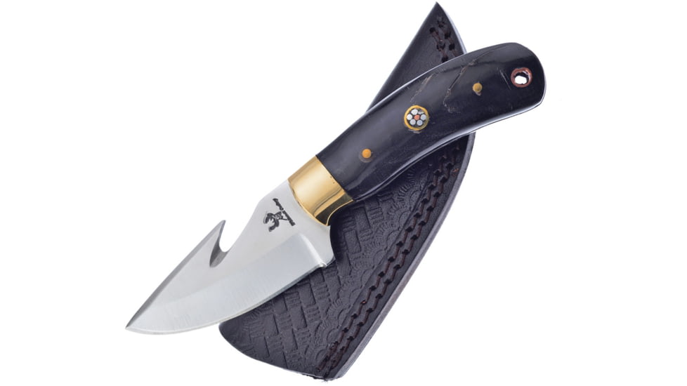 Frost Guthook Horn Knife, 7in Overall, 3.25in, Satin Finish Stainless Guthook Blade, Horn Handle, Leather Sheath, WT-1123