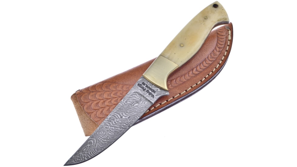 Frost Hunter White Bone Knife, 8.5in Overall, 4in Damascus Steel Blade, White Smooth Bone Handle, Brass Bolster, VFD-48SB/BH