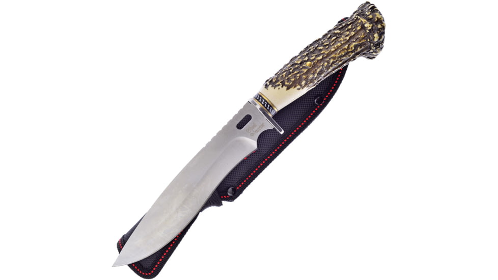 Frost Imitation Stag Hunting Knife, 11.5in Overall, 6.75in, Satin Finish Stainless Blade, Imitation Stag Handle, Nylon Sheath, SW-605SBR
