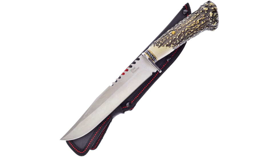 Frost Sawback Hunting Knife, 11.5in Overall, 6.5in, Satin Sawback Stainless Blade, Imitation Stag Handle, Nylon Sheath, SW-606SBR