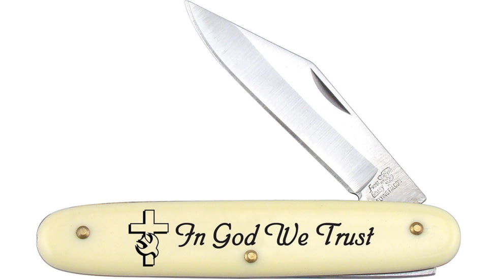 Frost In God We Trust Folding Knife, 2.38in Satin SS Clip Blade, Yellow Synthetic Handle, In God We Trust Handle Artwork, N-B6