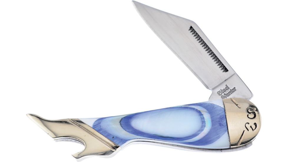 Frost Leg Steel Warrior Folding Knife, Blue and white mother of pearl handle, SW-183BW
