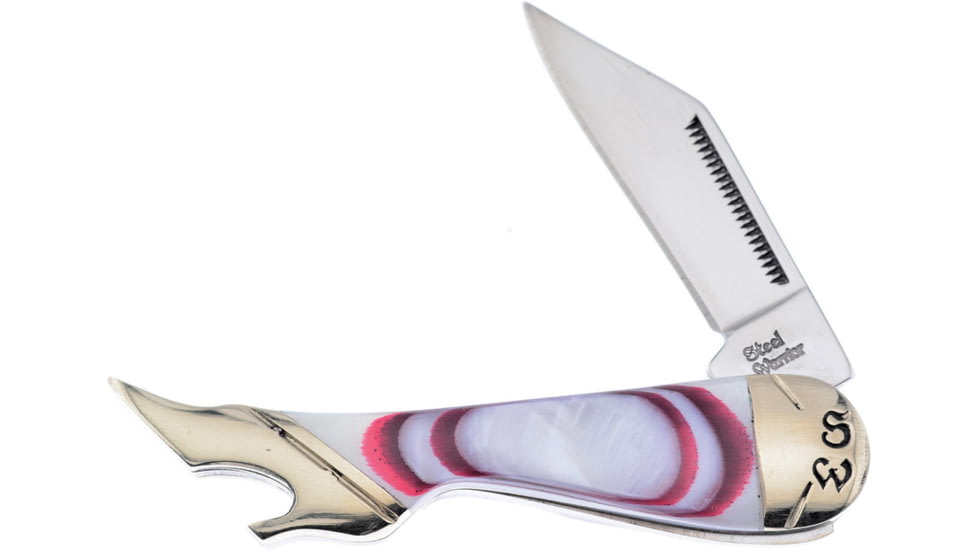 Frost Leg Steel Warrior Folding Knife, Red and white mother of pearl handle, SW-183RW
