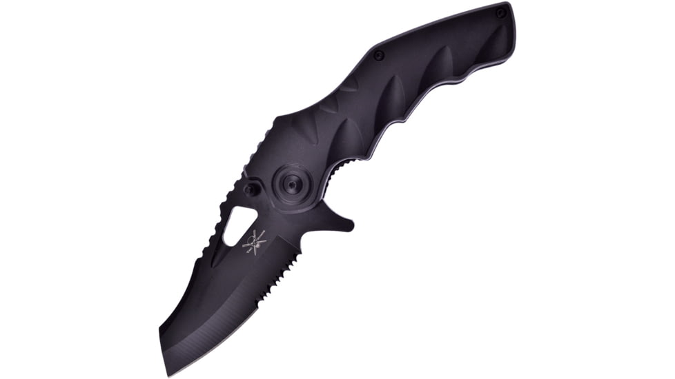 Frost A/O Serrated Black Folding Knife, 4.75in Closed, 3.75in Black Partially Serrated Stainless Blade, Black Sculpted ABS Handle, TX-204B