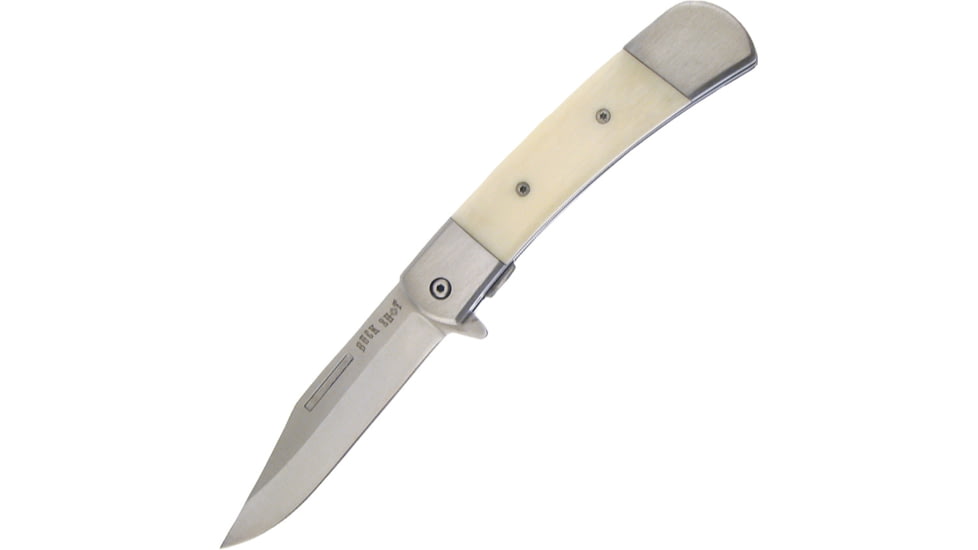 Frost Linerlock White Bone Folding Knife, 3.5in Satin SS Clip Point Blade, White Smooth Bone Handle, SS Bolster, Black Nylon Belt Sheath, White, BS-8201WSB