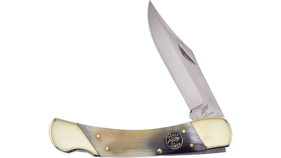Frost Lockback Ox Horn Folding Knife, 3.75in Mirror SS Clip Point Blade, Ox Horn Handle, Black Nylon Sheath, OC-110OX