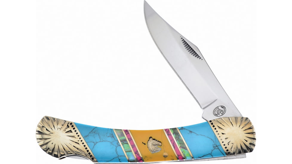 Frost Lockback Turquoise Silverhorse Folding Knife, Blue, yellow, and red turquoise and abalone handle, SHS-549BARY