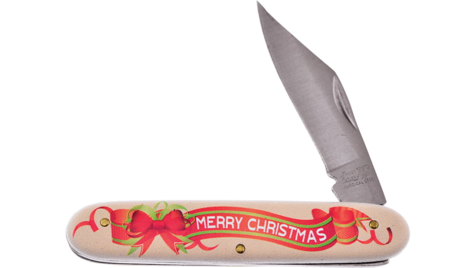 Frost Merry Christmas Knife, Satin finish stainless clip point blade, Imitation ivory handle, N-225