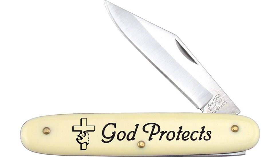 Frost Novelty God Protects Folding Knife,2.25in,Clip Point,White,Composition Handle FNB1