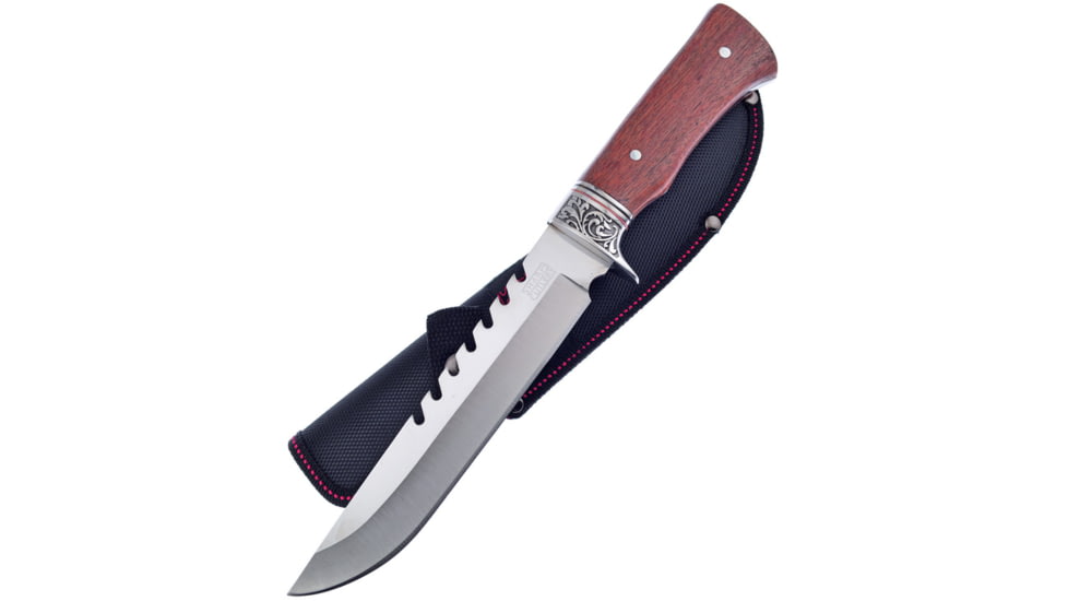 Frost Pakkawood Bowie Knife, 12.5in Overall, 9in, Satin Sawback 3Cr13 SS Blade, Brown Pakkawood Handle, Nylon Sheath, SHP-155PW