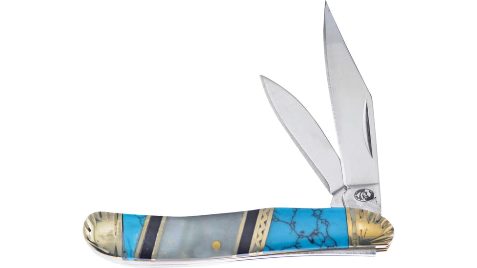 Frost Peanut MOP Turquoise Folding Knife, 2.88in Closed, Mirror Stainless Clip/Pen Blades, Black/Blue Turquoise/Mother of Pearl Handle, SHS-107BBW