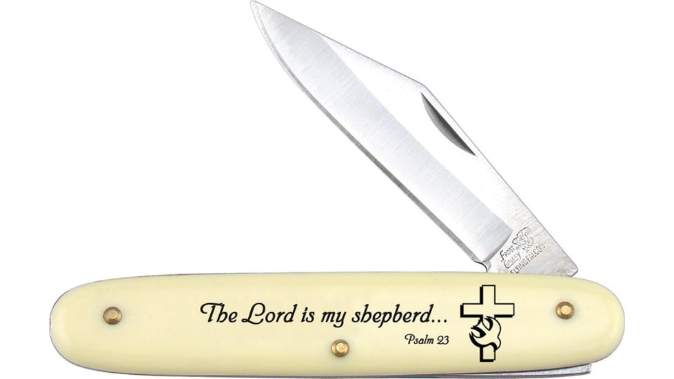 Frost Psalm 23 Folding Knife, 2.38in Satin SS Clip Blade, Yellow Synthetic Handle, The Lord Is My Shepherd Handle Artwork, N-B12
