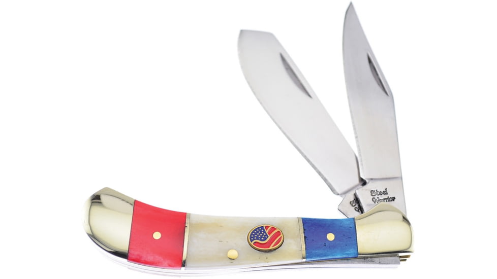 Frost Saddlehorn Red White Blue Folding Knife, Mirror SS Clip/ Spey Blades, Smooth Bone Handle, Red, White, Blue Handle, SW-111RWB