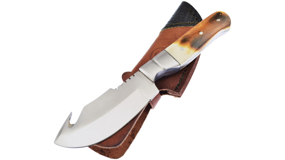 Frost Torched Bone Skinner Knife, 7.75in Overall, 4.75in, Satin Stainless Guthook Blade, Torched Bone Handle, Leather Sheath, CW-982TB
