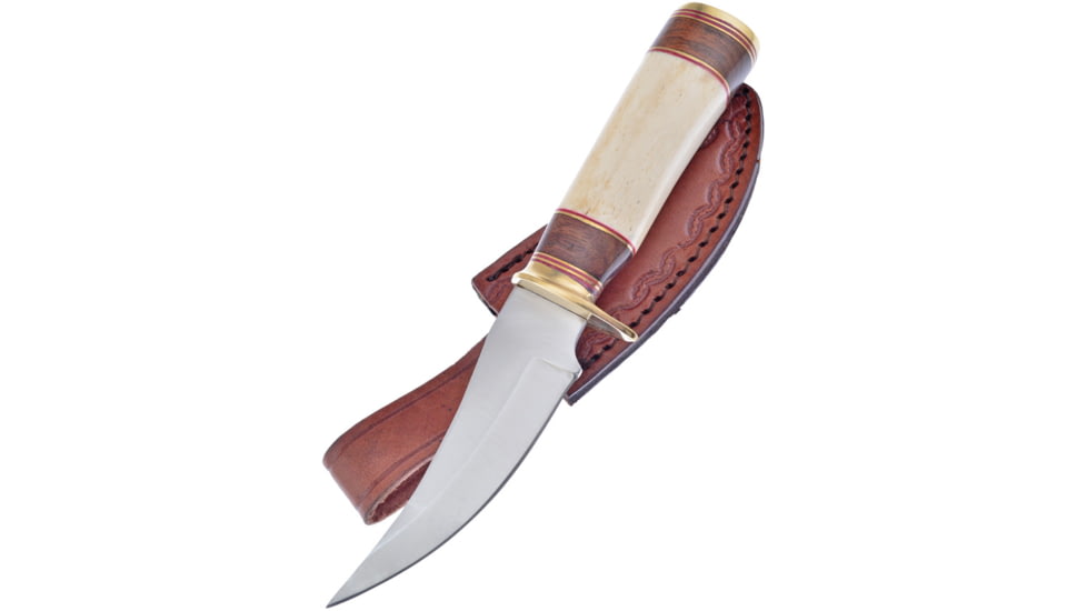 Frost Skinner White Bone Knife, 4.5 satin finish stainless skinner blade, White smooth bone handle with brown wood spacers, BKH-225WSB