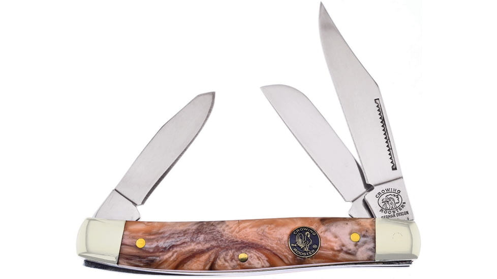 Frost Stockman California Gold Crowing Rooster Folding Knife, Mirror SS Clip/Sheepsfoot/Spey Blades, Gold Resin Handle, Nickel Silver Bolster, Inlay Shield, Gold, CR-504CG