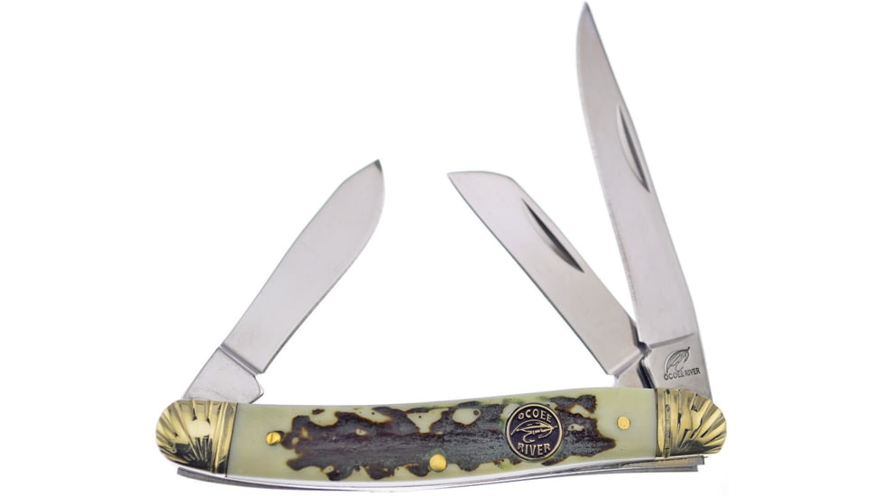 Frost Stockman Stag Bone Resin Folding Knife, Mirror SS Clip/Sheepsfoot/Spey Blades, Stag Bone Resin Handle, OC-509SBR