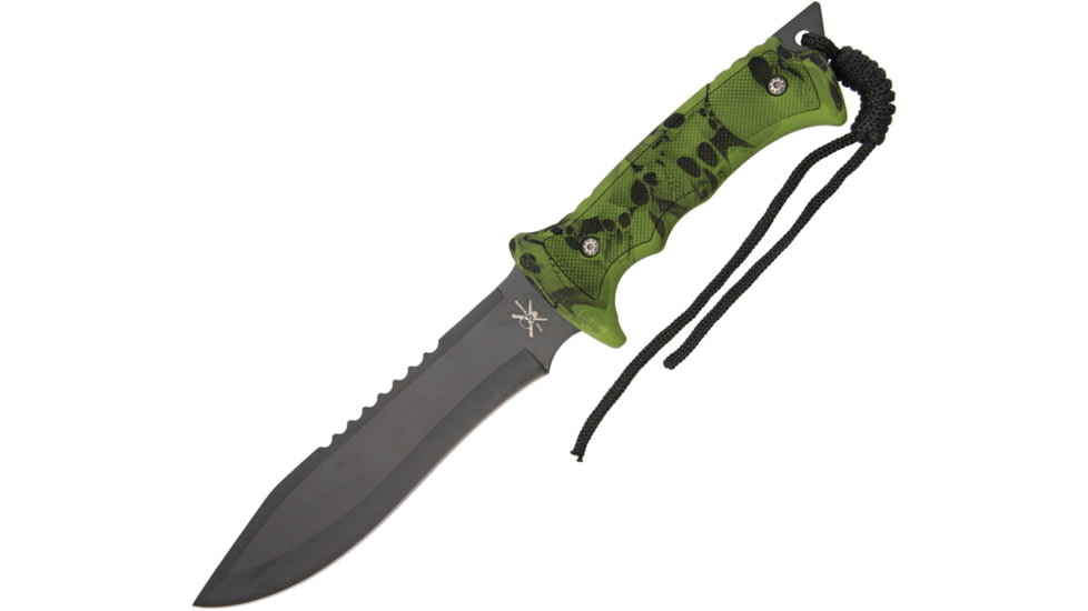 Frost Tac Xtreme Fixed Blade Knife, 6.875in, Black, Green, Skull Camo Rubber Handle FTX014GSC