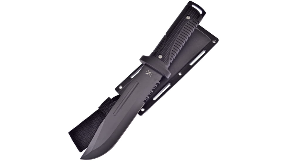 Frost Tac Xtreme Knife, Tac Xtreme, 12.5in Overall, 7in Black Partially Serrated SS Clip Point Blade, Black Textured Rubber Handle, Black ABS Sheath, TX-4663BLK