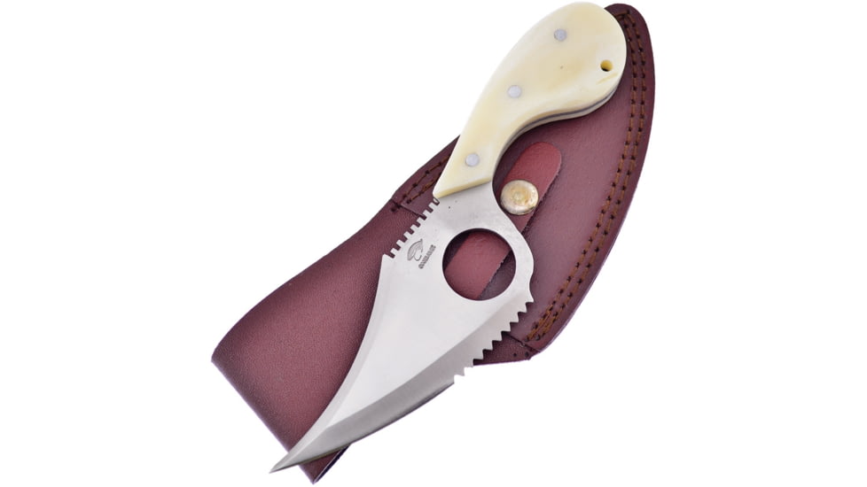 Frost The Snook Smooth Bone Knife, Ocoee River, The Snook, 7.25in Overall, 4in Satin SS Blade, White Smooth Bone Handle, Finger Ring, Brown Leather Sheath, OC-141SB