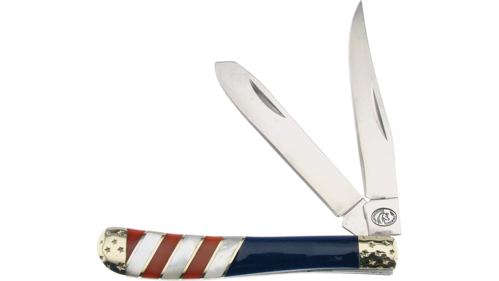 Frost Trapper RWB Folding Knife, Mirror SS Clip/ Spey Blades, Red And Blue Lapis And Mother Of Pearl Handle, SHS-508RWB