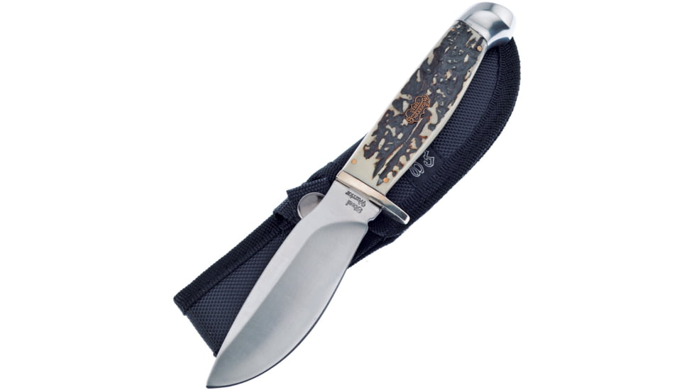 Frost Trapper Skinner Knife, 8.5in Overall, 4.25in, Satin Finish Stainless Skinner Blade, Stag Bone Resin Handle, Nylon Sheath, SW-601SBR