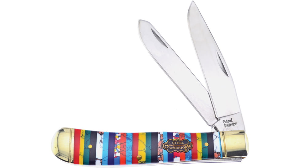 Frost Trapper Stone Folding Knife, Mirror finish stainless clip and spey blades, Multi-color stone handle, SW-108TQT