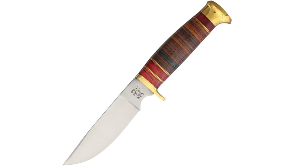 Frost Trophy Stag Hunter Leather Fixed Blade Knife, 4.5in, Stainless Steel, Standard Edge, Satin, Pakkawood Handle FTS207LTHR