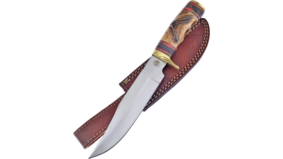Frost Two Feathers Bowie Knife, Chipaway, 12in Overall, 7.25in Satin SS Clip Point Blade, Brass Guard, Brown Bone And Pakkawood Handle, Brown Leather Sheath, CW-07BRB