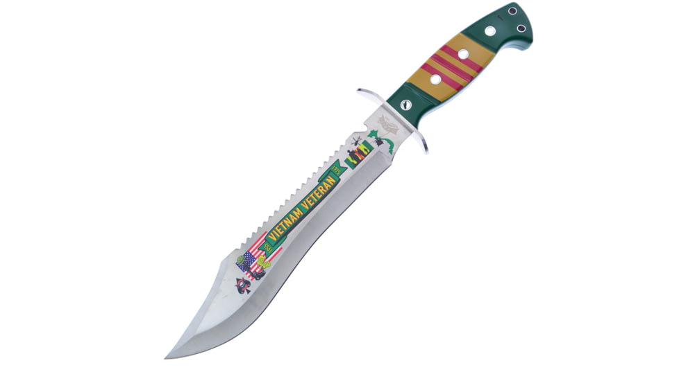 Frost Vietnam Vet Bowie Knife, 9.63 stainless blade, Green, yellow, and red ABS handle, FC-50V