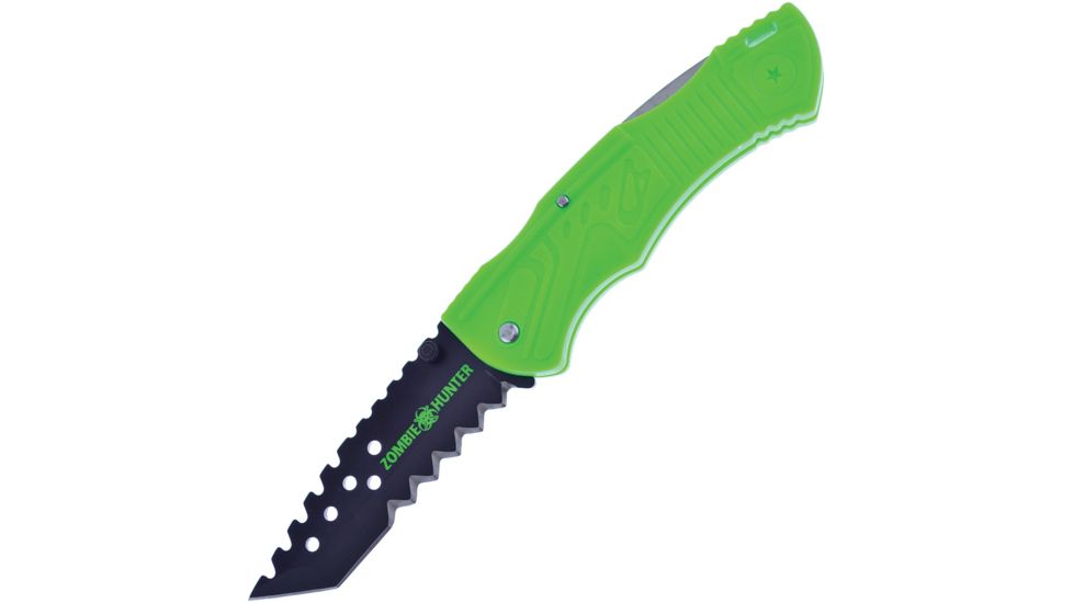 Frost Zombie Lockback Folding Knife,3.25in,Stainless Steel,Partially Serrated,Sawback,Black,Green,Synthetic Handle FTX080G