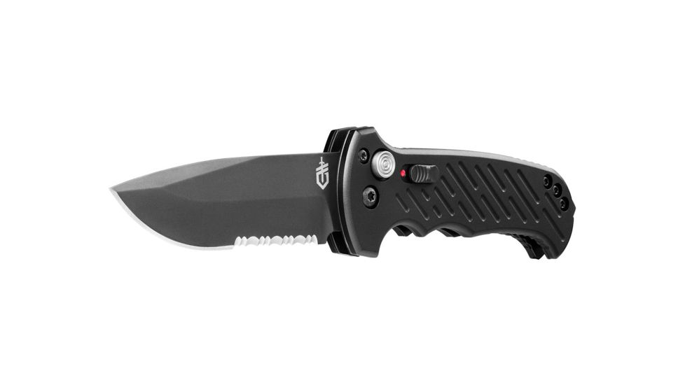Gerber 06 Auto Automatic Folding Knife, 8.5 in Overall, 3.8 in S30V Serrated Drop Point Black Oxide Blade, Hard Anodized 6061-T6 Machined Aluminum Black Handle, 30-000377