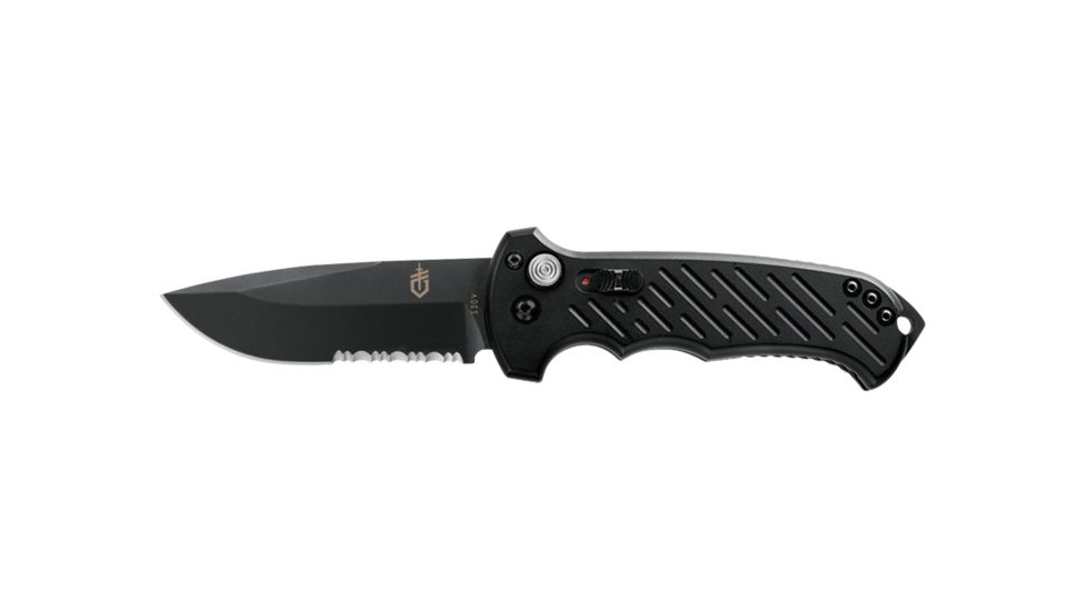 Gerber 06 Auto Automatic Folding Knife, 8.5 in Overall, 3.8 in S30V Serrated Drop Point Black Oxide Blade, Hard Anodized 6061-T6 Machined Aluminum Black Handle, 30-000377