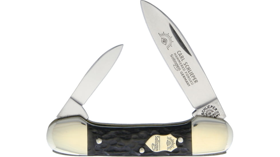 German Eye Canoe Folding Knife, Mirror Solingen Steel Spear And Pen Blades, Black Jigged Bone Handle, Blade Etching, SMBB BLACK BONE
