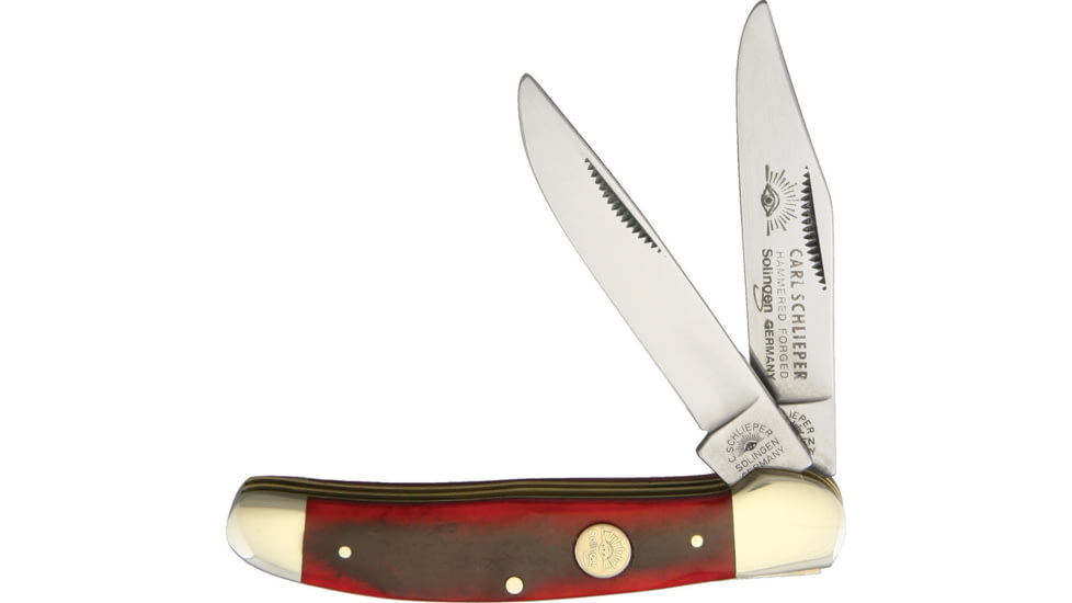 German Eye Copperhead Red Bone Folding Knife, Mirror Solingen Steel Clip And Skinner Blades, Red Smooth Bone Handle, GX RED BONE