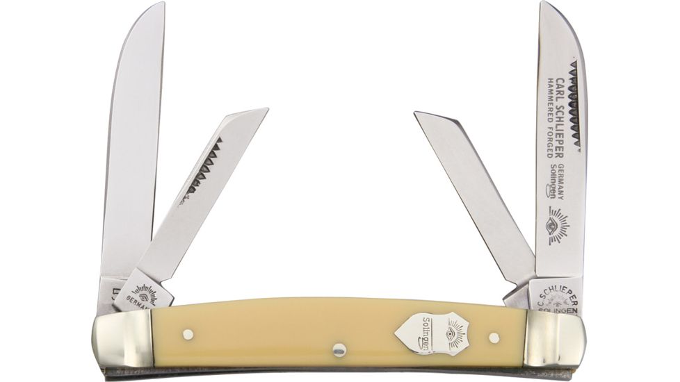 German Eye Four Blade Congress Folding Knife,3.375in closed,Solingen Steel Blade, Yellow Celluloid Handle GE56Y