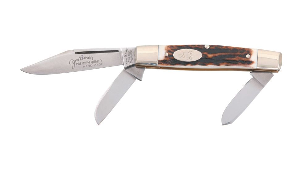 German Eye Jim Bowie Premium Folding Knife,Clip/Spey/Sheepsfoot Blade, Genuine Deer Stag Handle JB350DS
