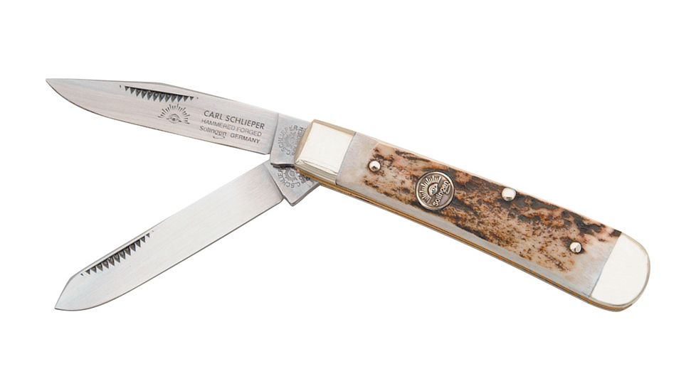 German Eye Mini Trapper Folding Knife,Clip and Spey Blade, Genuine Deer Stag Handle GEBJDS
